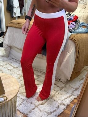 Red Flared Track Pants with White Side Stripe
